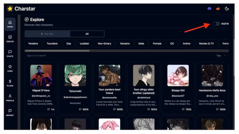 Charstar AI Toggle Nsfw